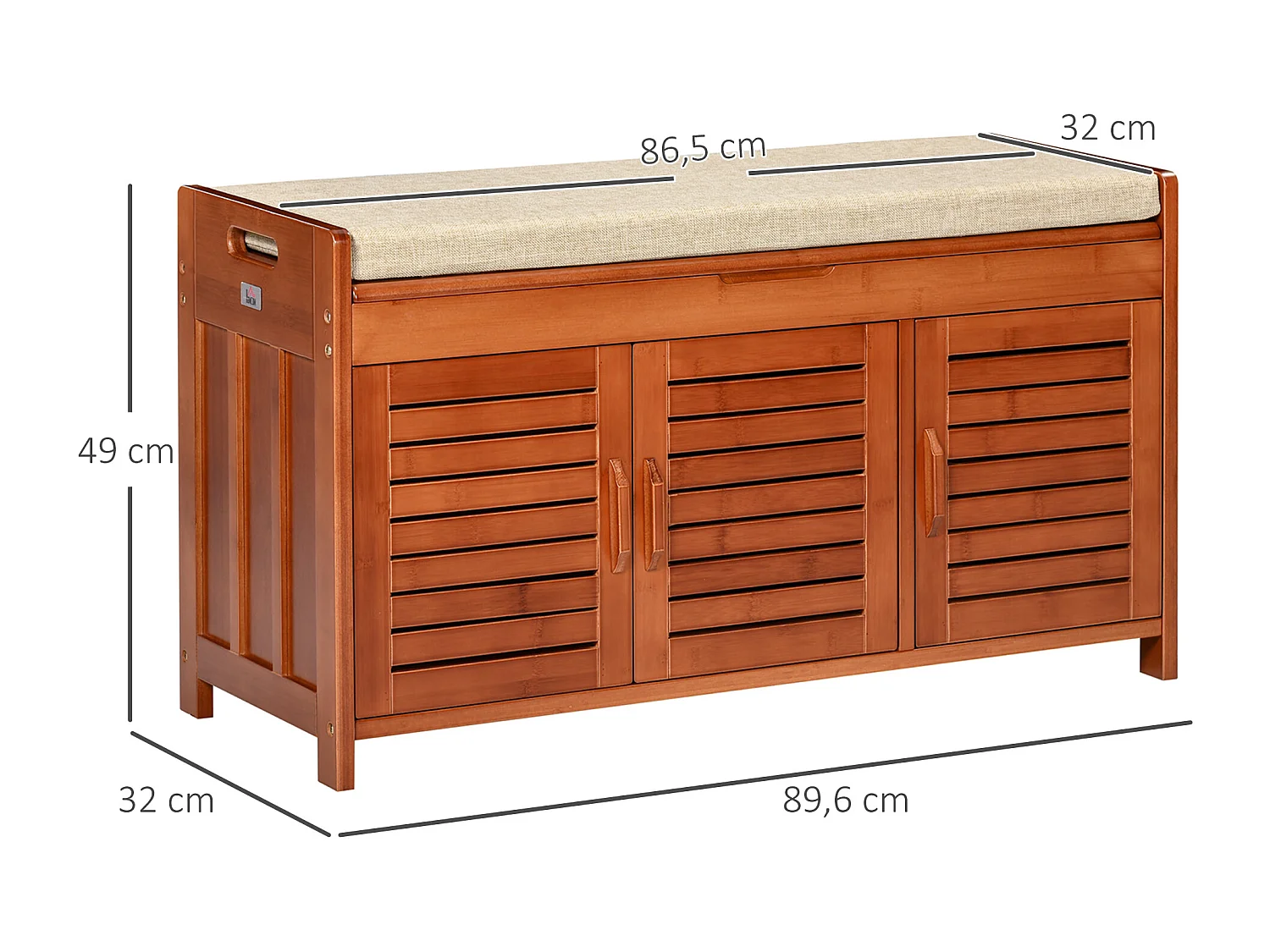 Banc à chaussures 3 portes et compartiment style exotique bois bambou verni coussin tissu beige