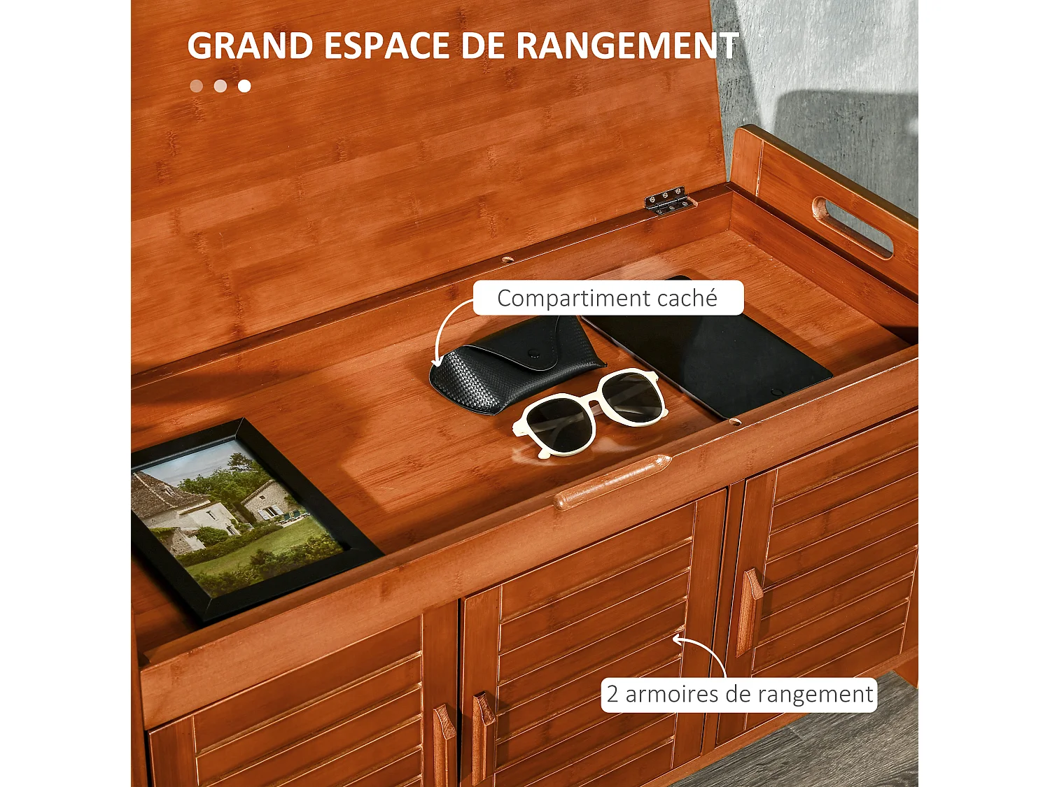 Banc à chaussures 3 portes et compartiment style exotique bois bambou verni coussin tissu beige