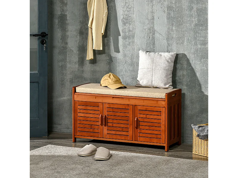 Banc à chaussures 3 portes et compartiment style exotique bois bambou verni coussin tissu beige