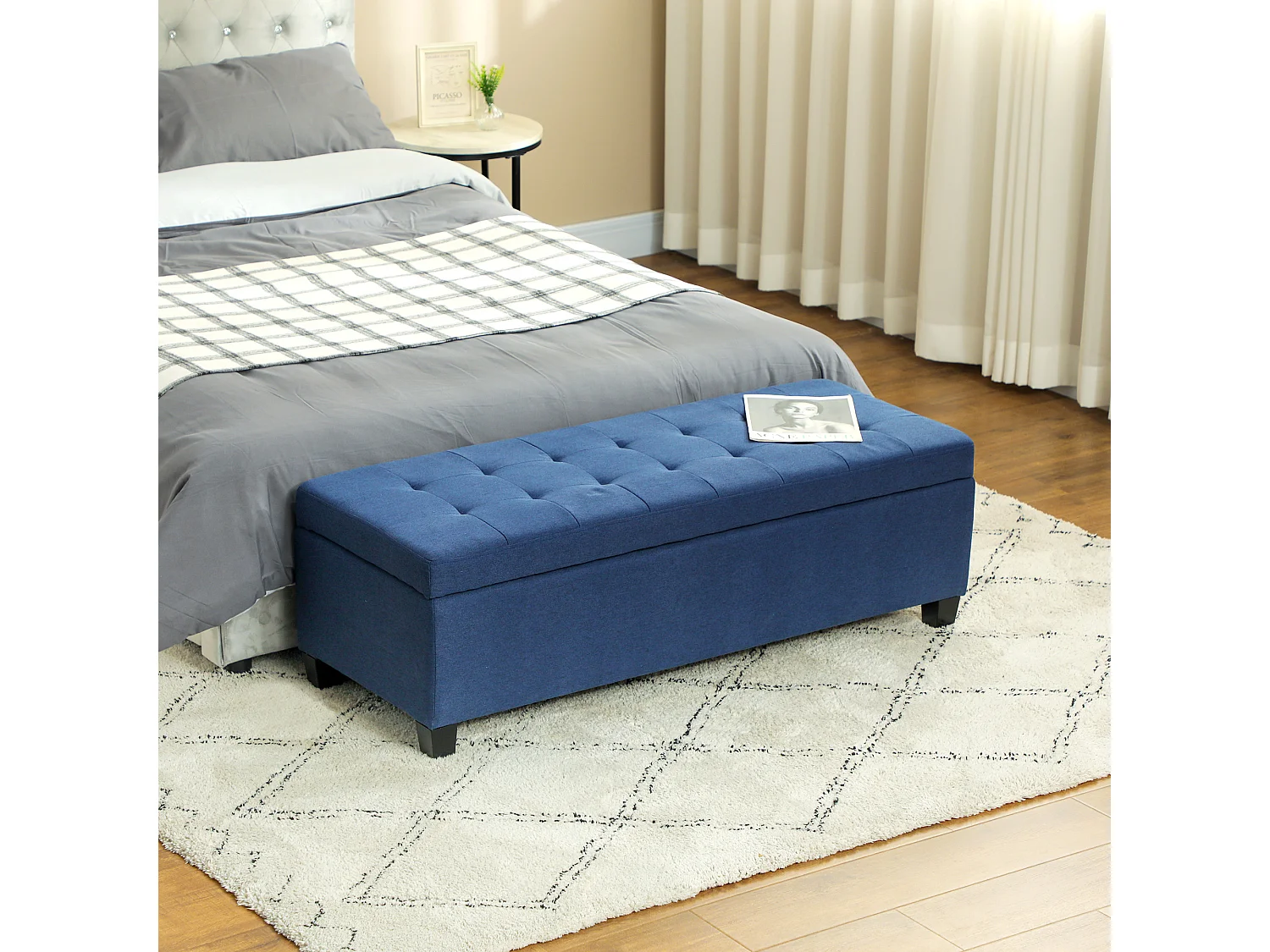 Banquette coffre style Chersterfield siège capitonné tissu pieds bois dim. 125 x 49 x 41 cm bleu