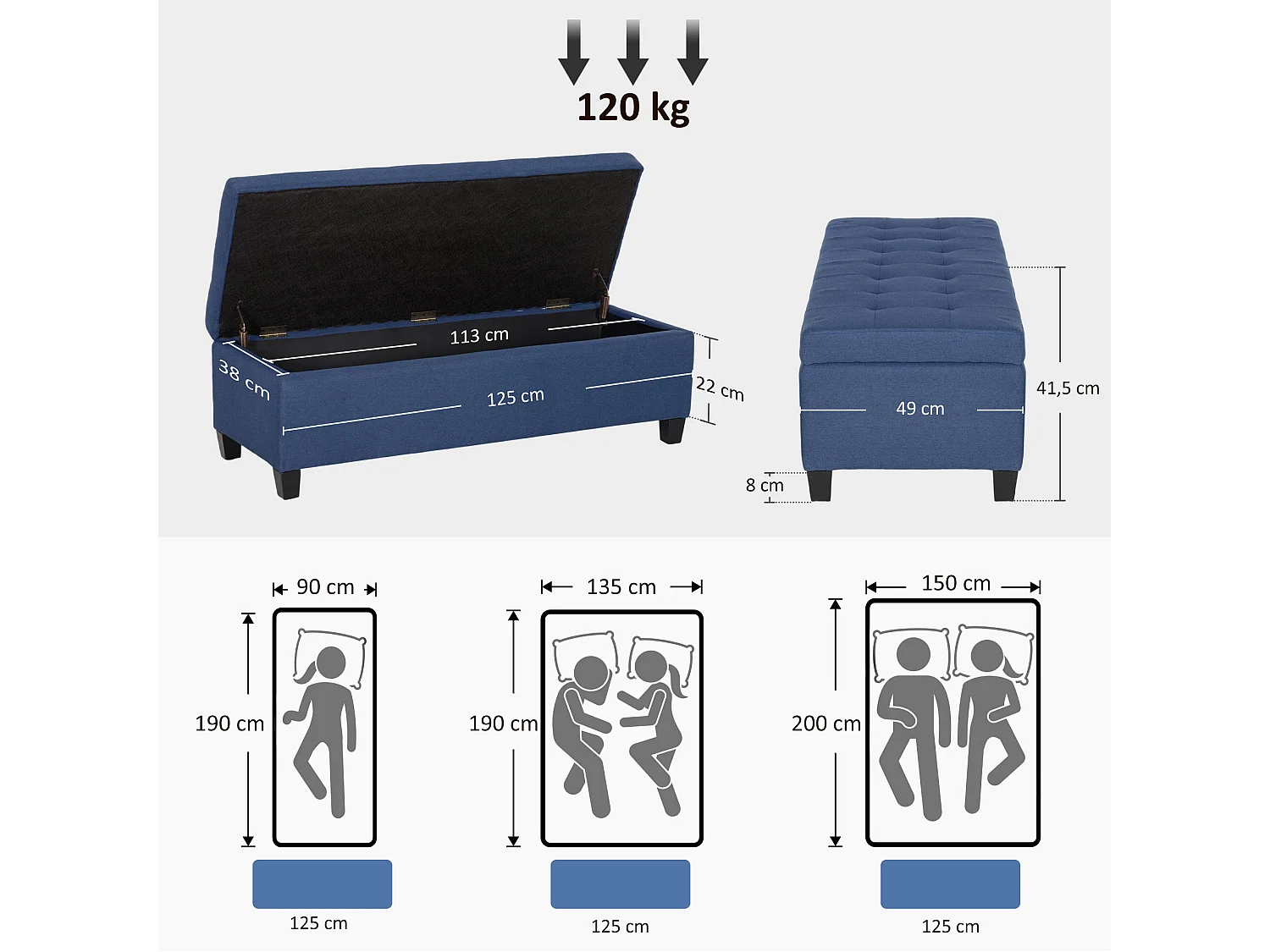 Banquette coffre style Chersterfield siège capitonné tissu pieds bois dim. 125 x 49 x 41 cm bleu