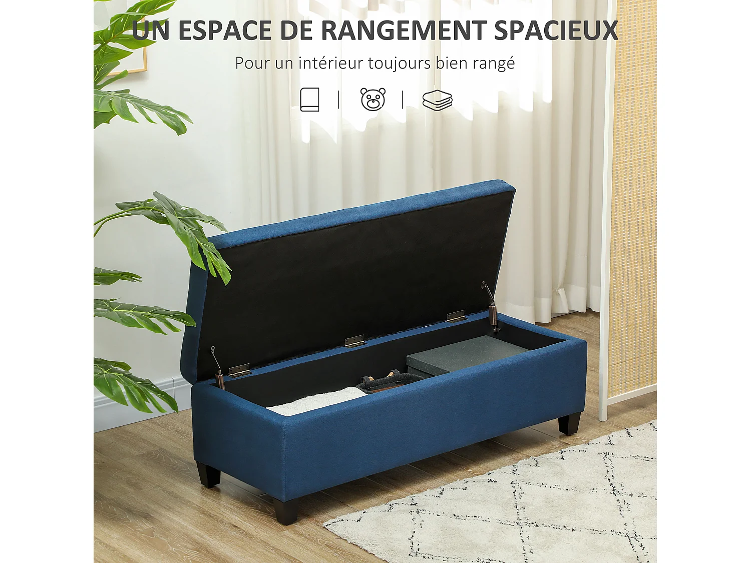 Banquette coffre style Chersterfield siège capitonné tissu pieds bois dim. 125 x 49 x 41 cm bleu