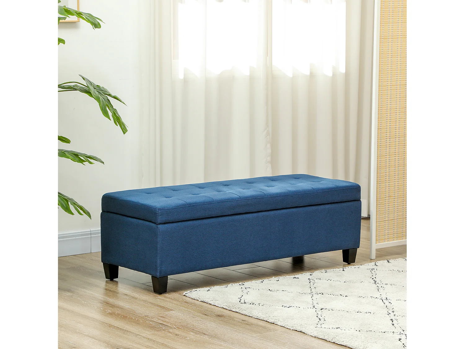 Banquette coffre style Chersterfield siège capitonné tissu pieds bois dim. 125 x 49 x 41 cm bleu