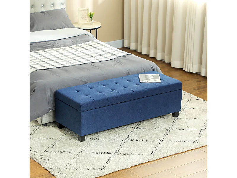 Banquette coffre style Chersterfield siège capitonné tissu pieds bois dim. 125 x 49 x 41 cm bleu