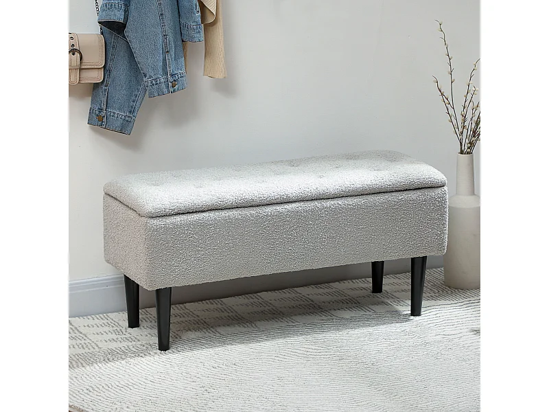 Banc coffre de rangement surface effet cachemire pieds bois gris