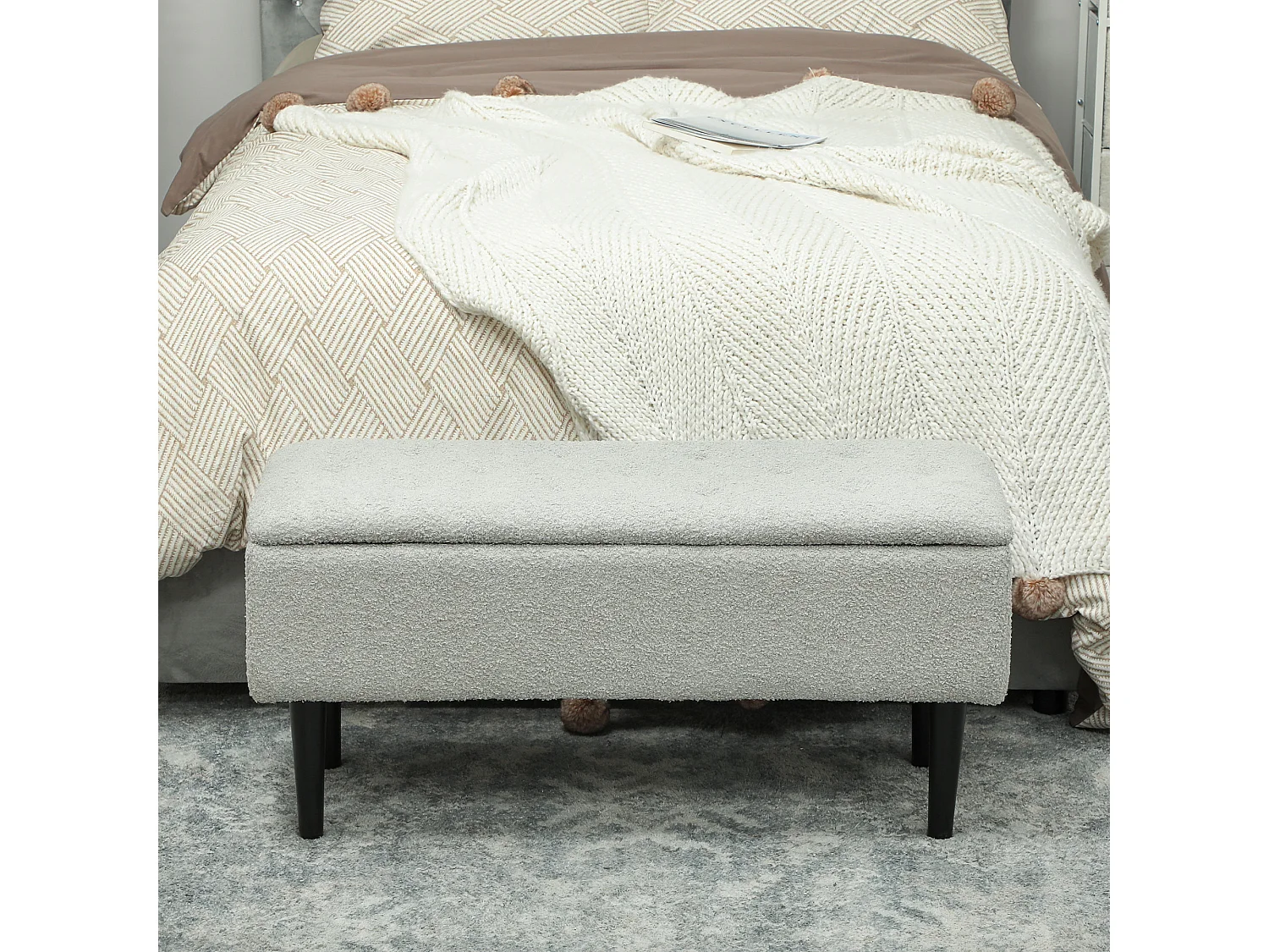 Banc coffre de rangement surface effet cachemire pieds bois gris