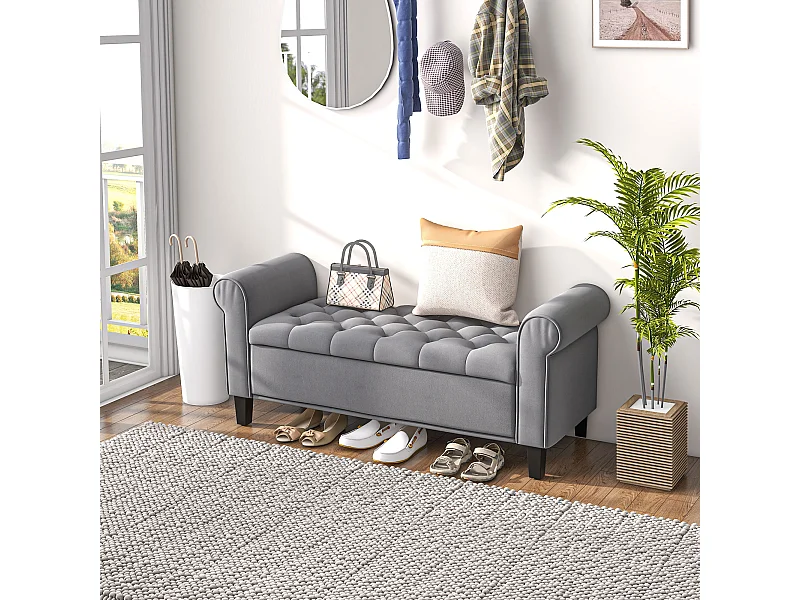 Banc coffre banquette coffre de rangement velours dim. 126 x 48,5 x 57 cm piètement bois hévéa noir gris