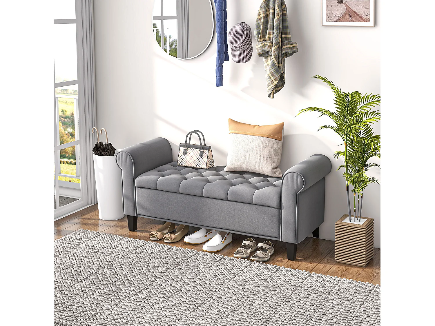 Banc coffre banquette coffre de rangement velours dim. 126 x 48,5 x 57 cm piètement bois hévéa noir gris