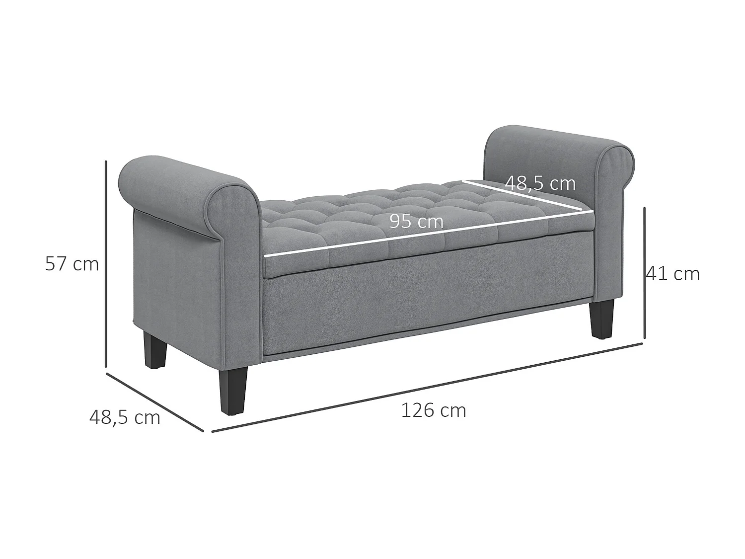 Banc coffre banquette coffre de rangement velours dim. 126 x 48,5 x 57 cm piètement bois hévéa noir gris