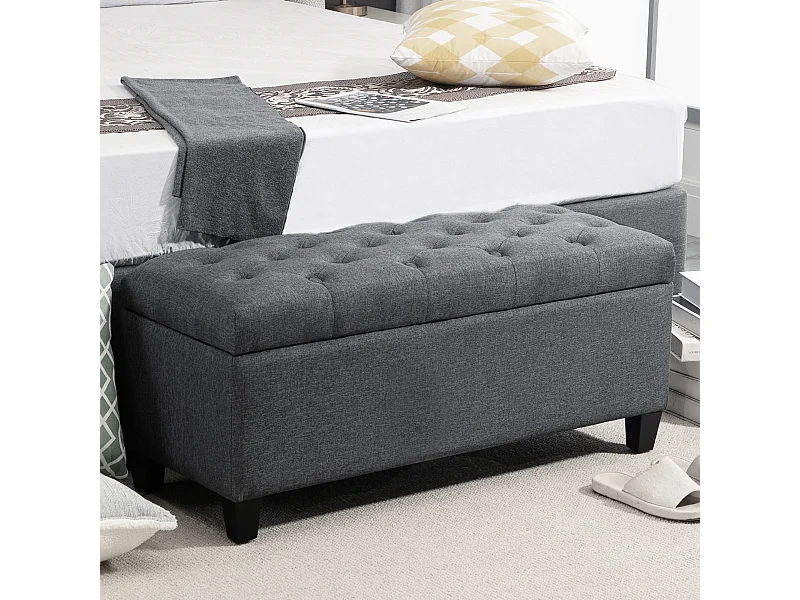 Banquette coffre de rangement style Chesterfield dim. 100 x 40 x 44 cm piètement bois noir tissu anthracite