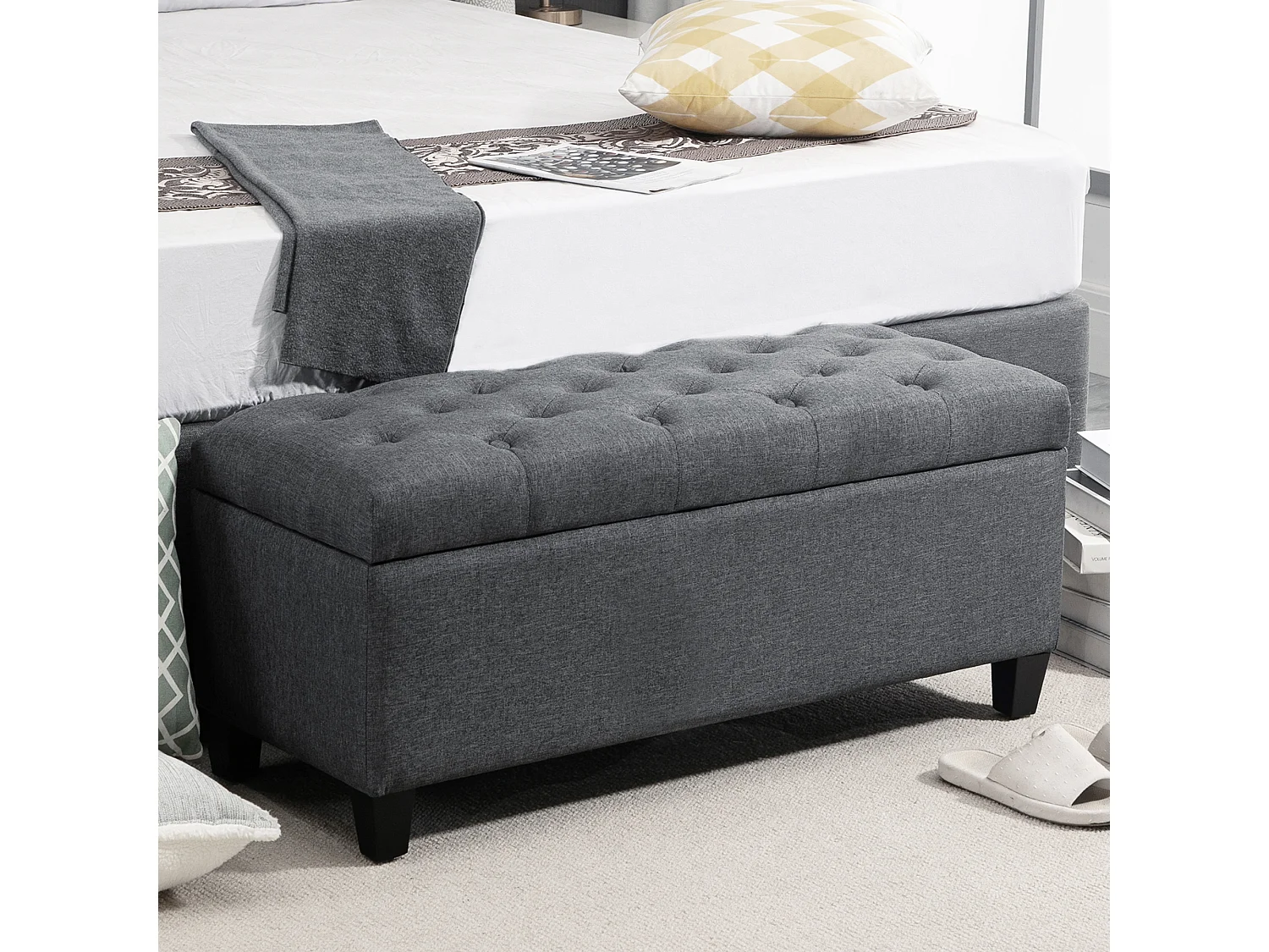 Banquette coffre de rangement style Chesterfield dim. 100 x 40 x 44 cm piètement bois noir tissu anthracite