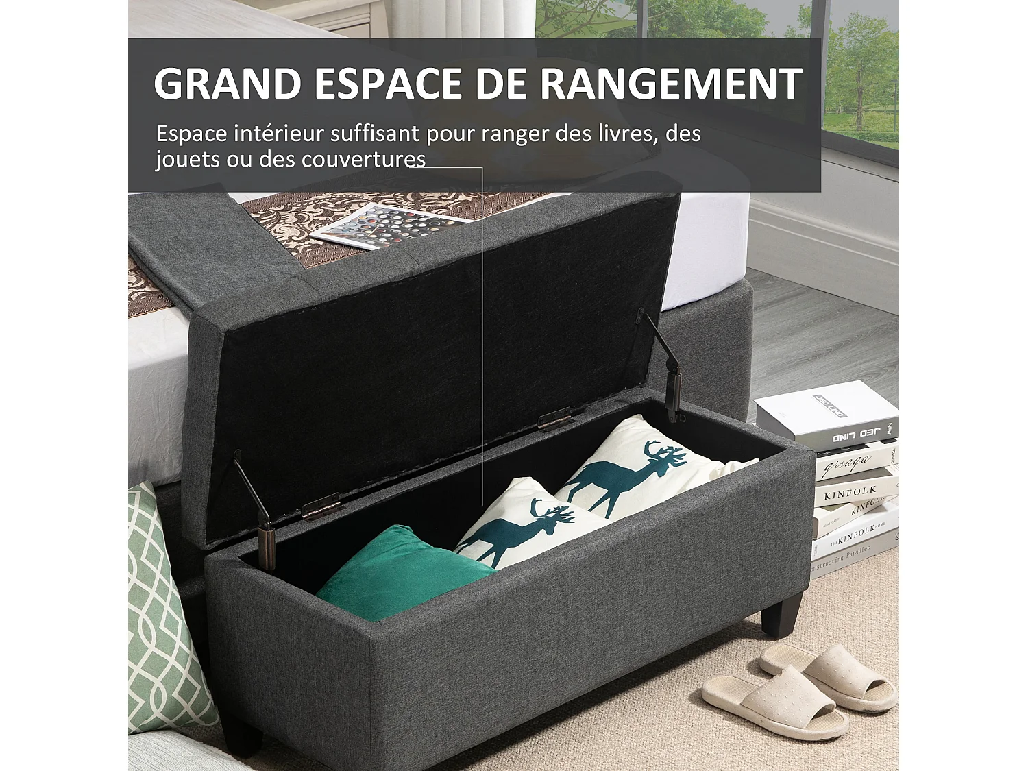 Banquette coffre de rangement style Chesterfield dim. 100 x 40 x 44 cm piètement bois noir tissu anthracite