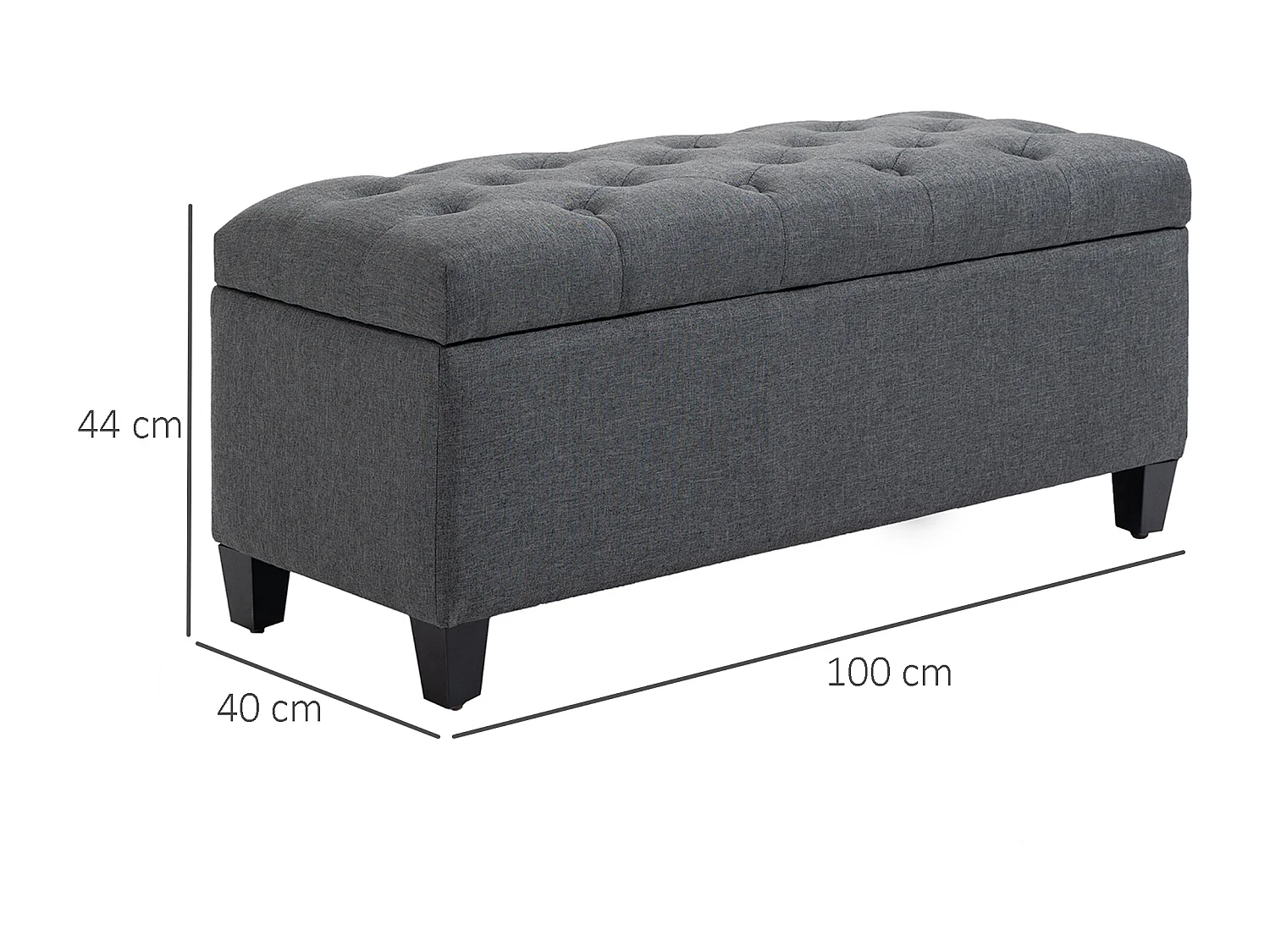 Banquette coffre de rangement style Chesterfield dim. 100 x 40 x 44 cm piètement bois noir tissu anthracite