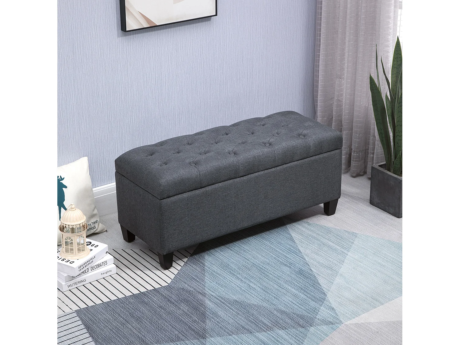 Banquette coffre de rangement style Chesterfield dim. 100 x 40 x 44 cm piètement bois noir tissu anthracite