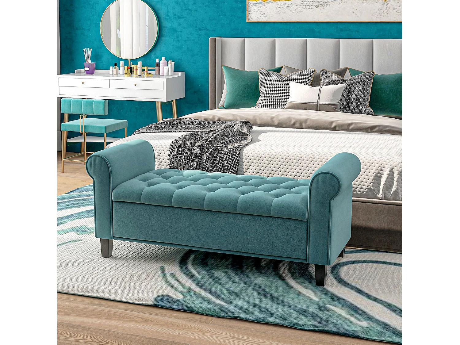 Banc coffre banquette coffre de rangement velours dim. 126 x 48,5 x 57 cm piètement bois hévéa noir turquoise