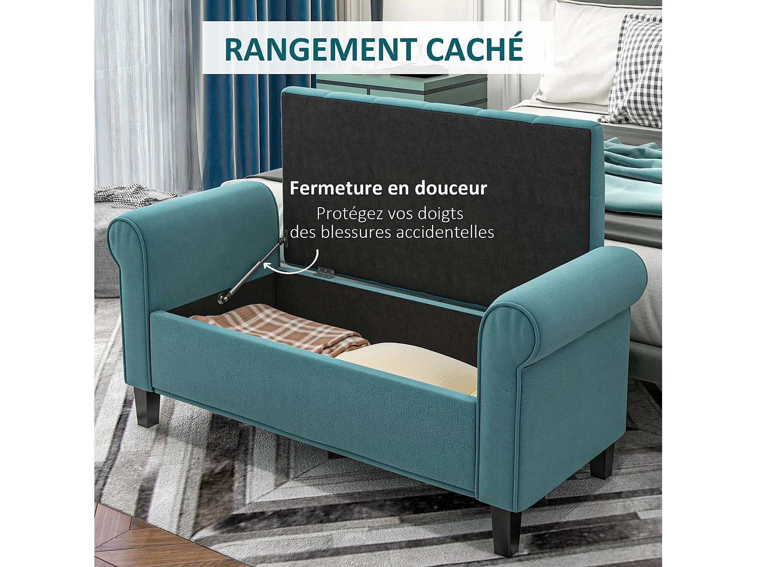 Banc coffre banquette coffre de rangement velours dim. 126 x 48,5 x 57 cm piètement bois hévéa noir turquoise