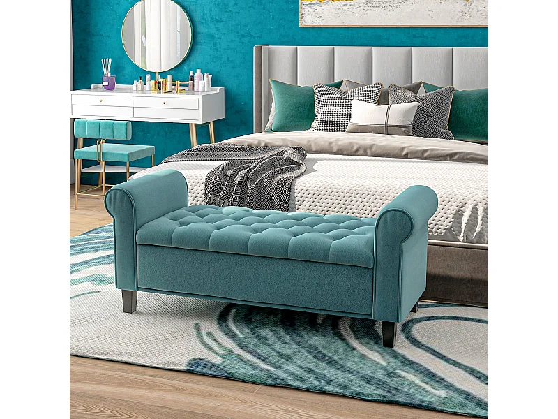 Banc coffre banquette coffre de rangement velours dim. 126 x 48,5 x 57 cm piètement bois hévéa noir turquoise