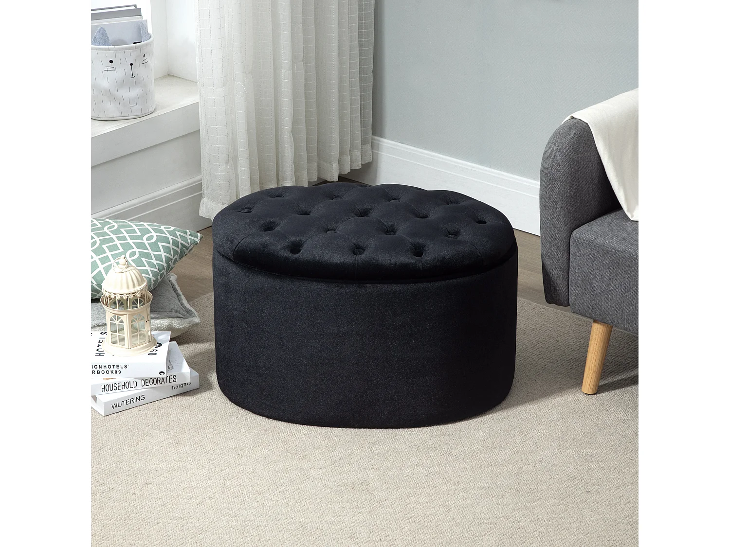 Pouf ovale style Chesterfield plateau assise capitonné rembourré dim. 71 x 52 x 42 cm velours noir