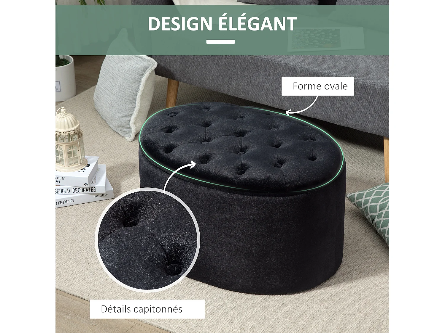 Pouf ovale style Chesterfield plateau assise capitonné rembourré dim. 71 x 52 x 42 cm velours noir