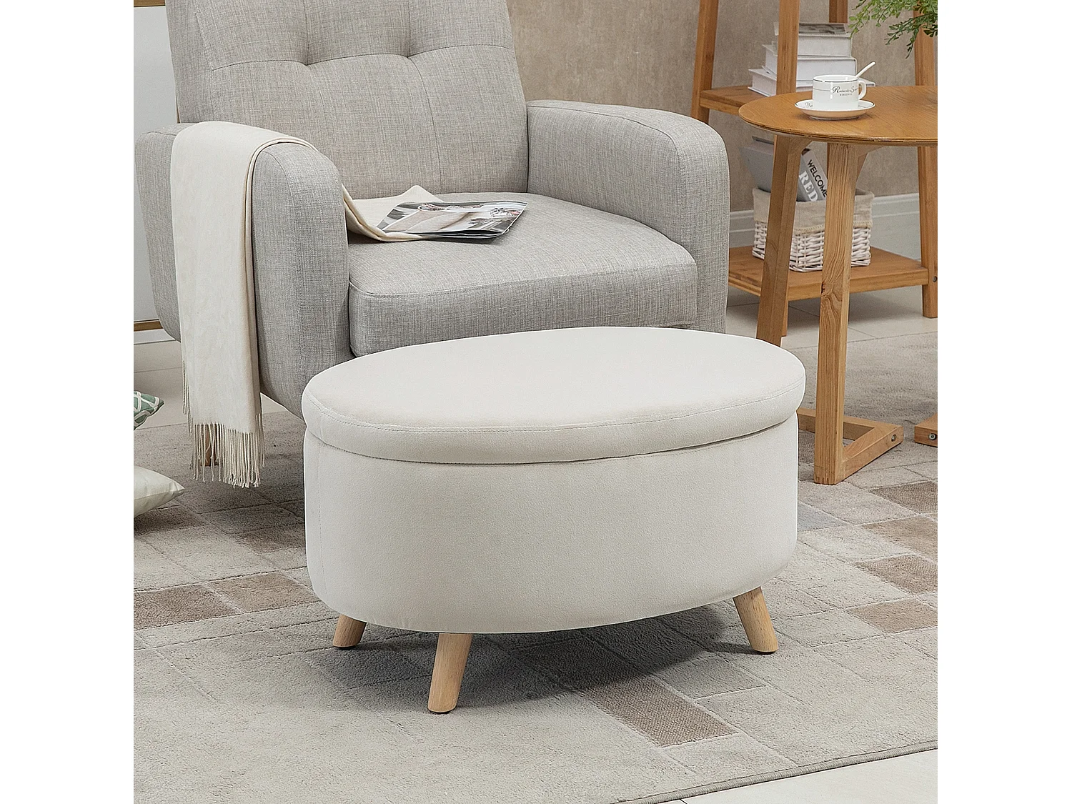 Pouf coffre de rangement - repose-pieds velours - dim. 71 x 51,5 x 42 cm - piètement bois hévéa beige