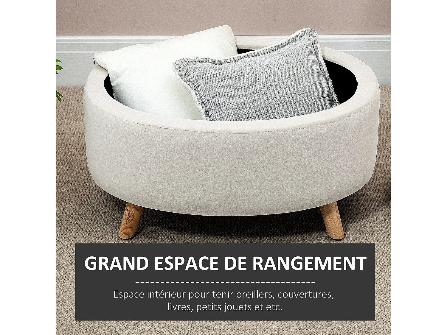 Pouf coffre de rangement - repose-pieds velours - dim. 71 x 51,5 x 42 cm - piètement bois hévéa beige