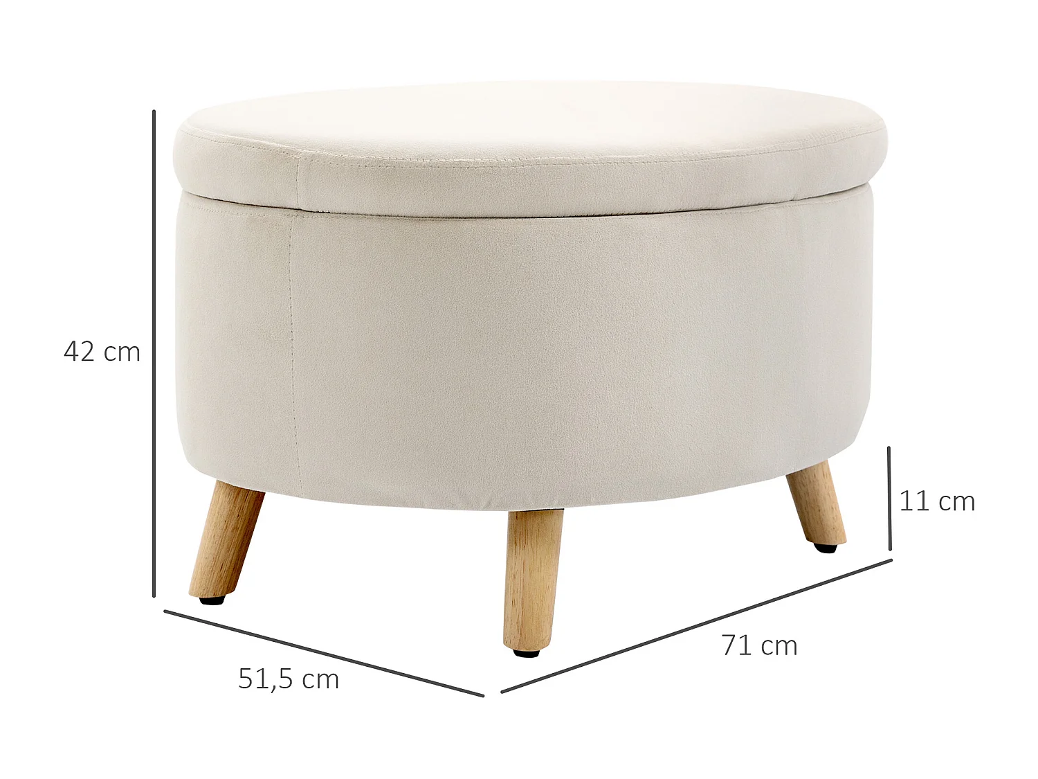 Pouf coffre de rangement - repose-pieds velours - dim. 71 x 51,5 x 42 cm - piètement bois hévéa beige
