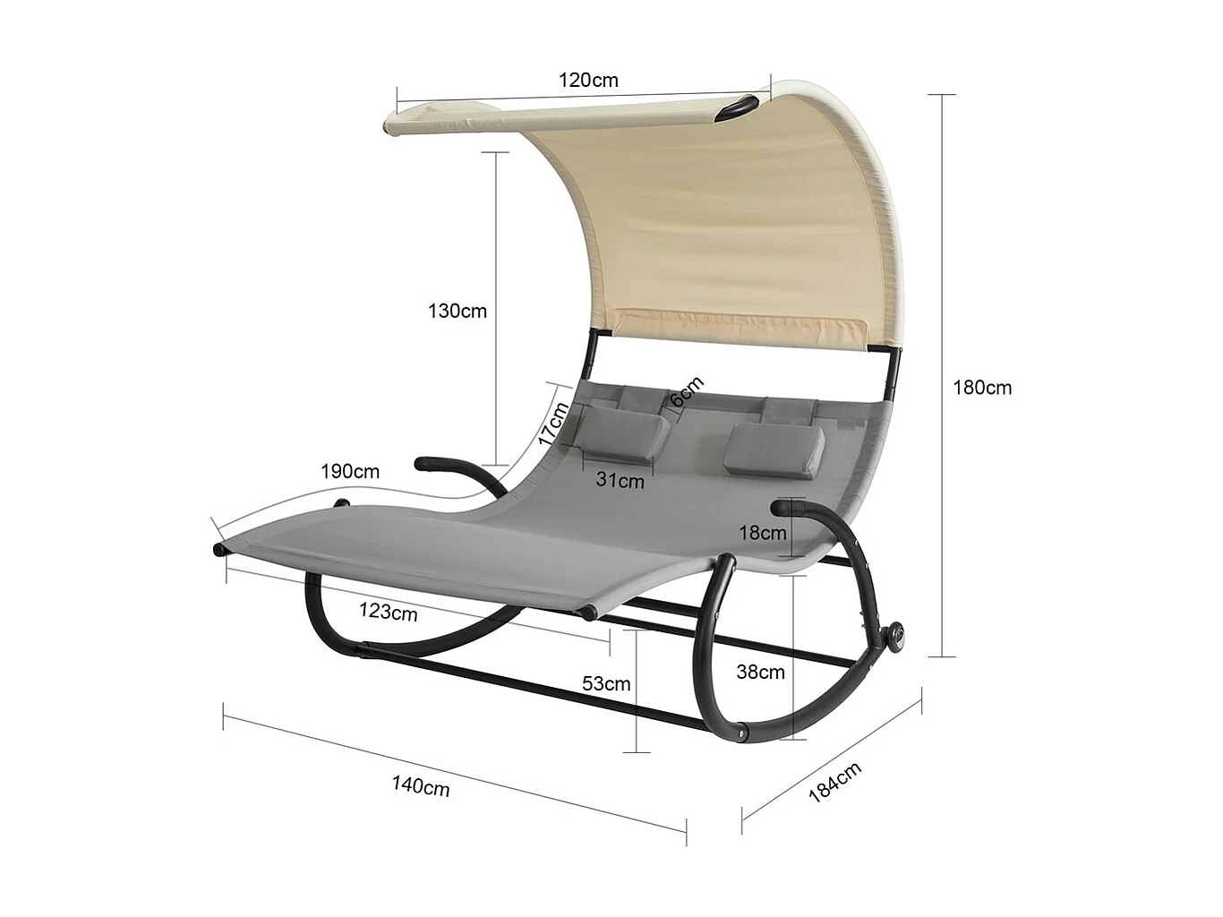 SoBuy Sdraio da Giardino 2 Posti con Cuscini Grigi 140x184x180 cm