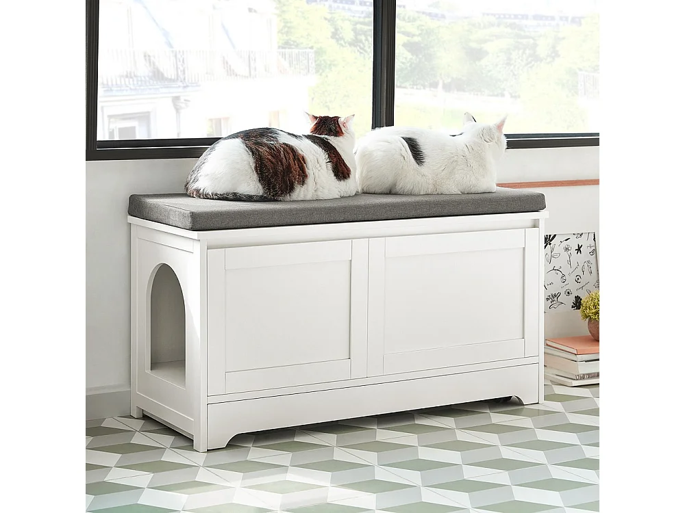 SoBuy Litière pour Chat avec Banc à Chaussures, 2 Portes, 3 Bols et Coussin, Blanc