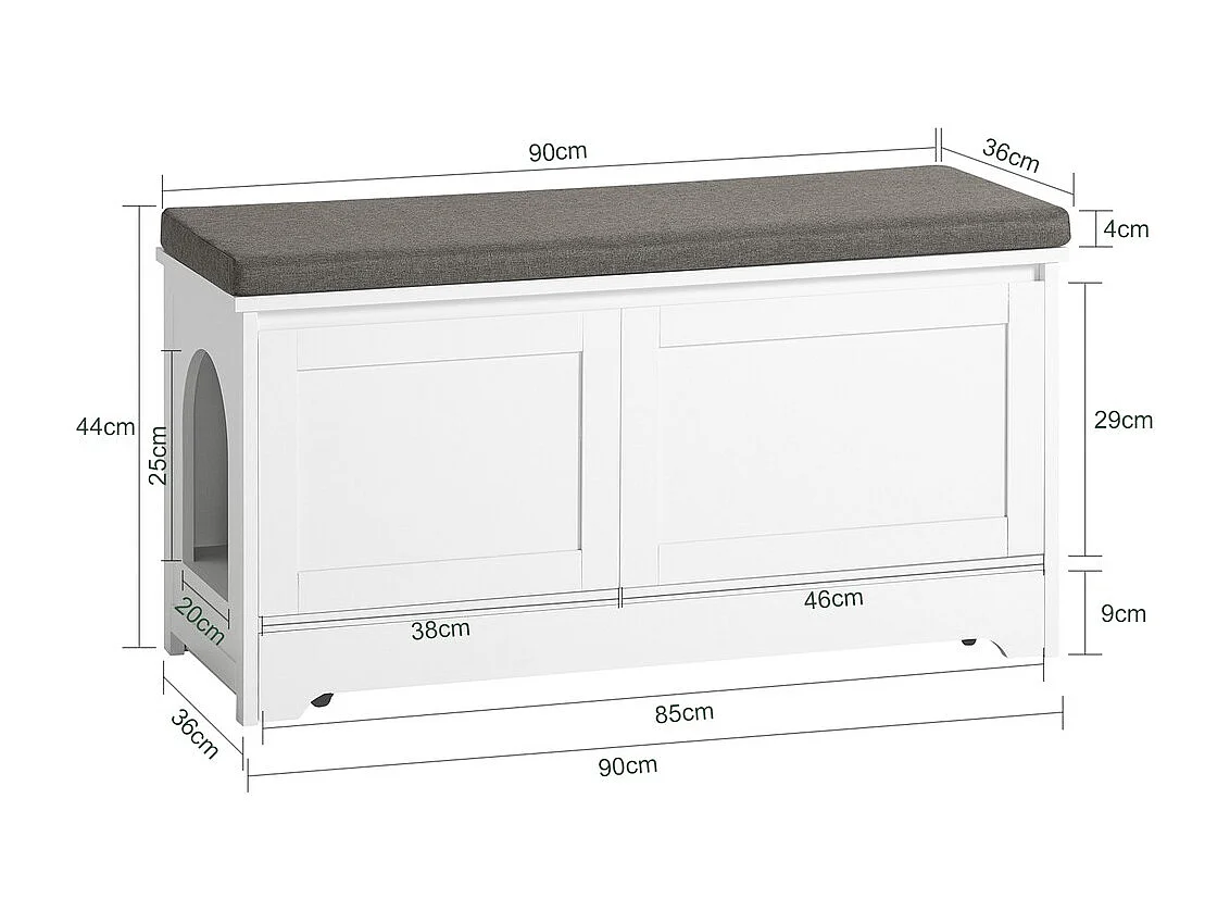 SoBuy Litière pour Chat avec Banc à Chaussures, 2 Portes, 3 Bols et Coussin, Blanc