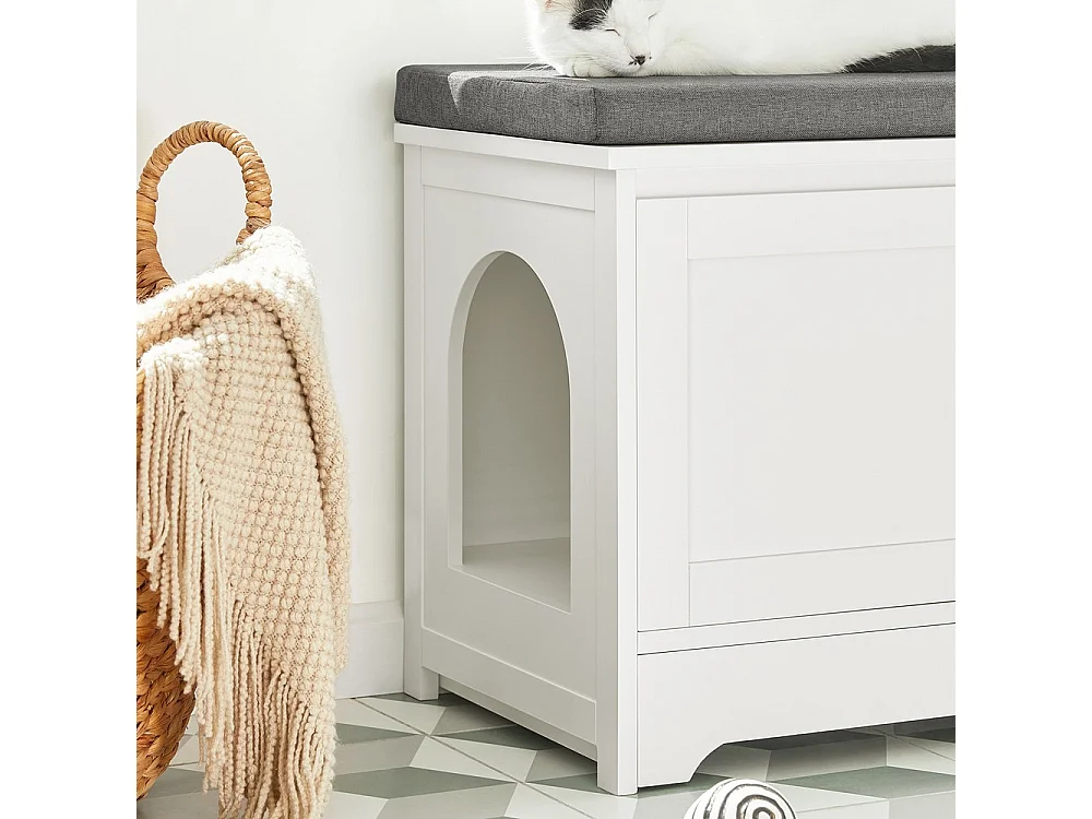 SoBuy Litière pour Chat avec Banc à Chaussures, 2 Portes, 3 Bols et Coussin, Blanc