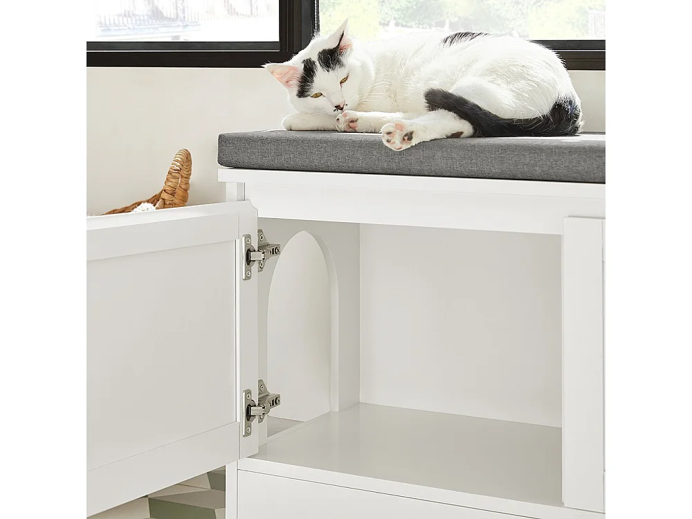 SoBuy Litière pour Chat avec Banc à Chaussures, 2 Portes, 3 Bols et Coussin, Blanc