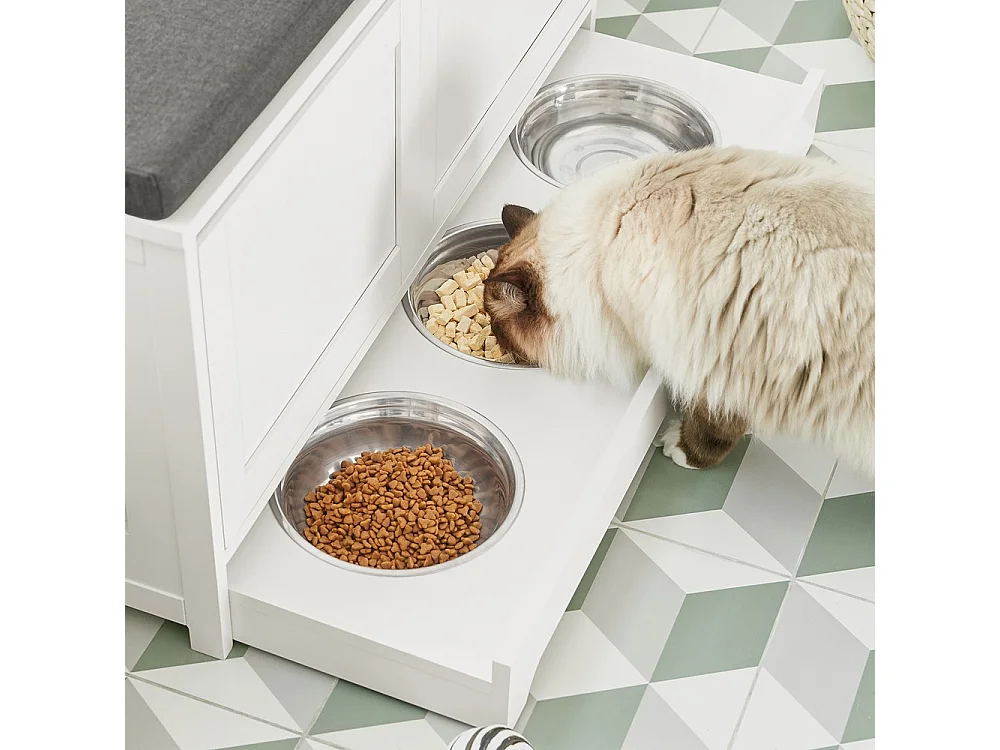 SoBuy Litière pour Chat avec Banc à Chaussures, 2 Portes, 3 Bols et Coussin, Blanc