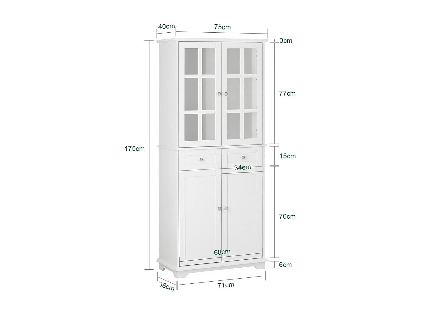SoBuy Buffet de Cuisine 4 Portes 2 Tiroirs Blanc 75 40 175 cm FSB76-W