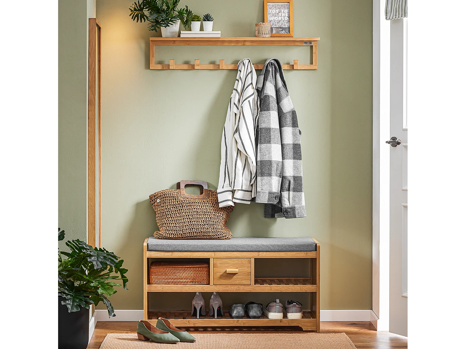 SoBuy Étagère à Chaussures avec Banc et Tiroir en Bambou - L91xP34xH45 cm