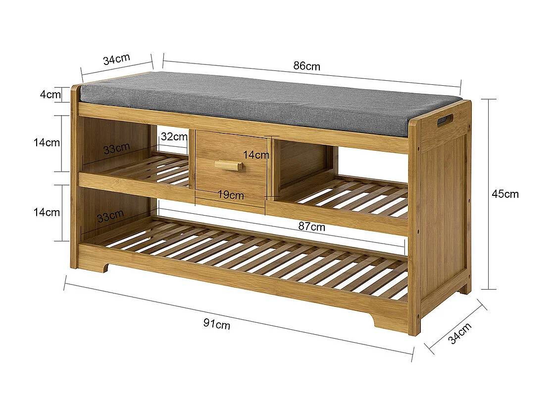 SoBuy Étagère à Chaussures avec Banc et Tiroir en Bambou - L91xP34xH45 cm