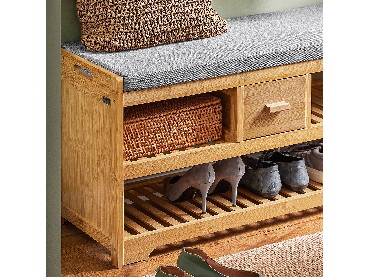 SoBuy Étagère à Chaussures avec Banc et Tiroir en Bambou - L91xP34xH45 cm