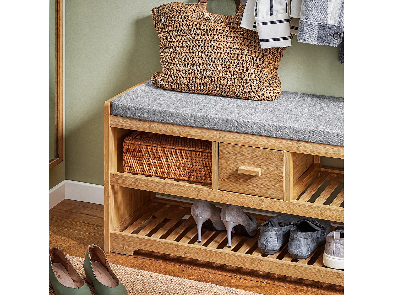 SoBuy Étagère à Chaussures avec Banc et Tiroir en Bambou - L91xP34xH45 cm