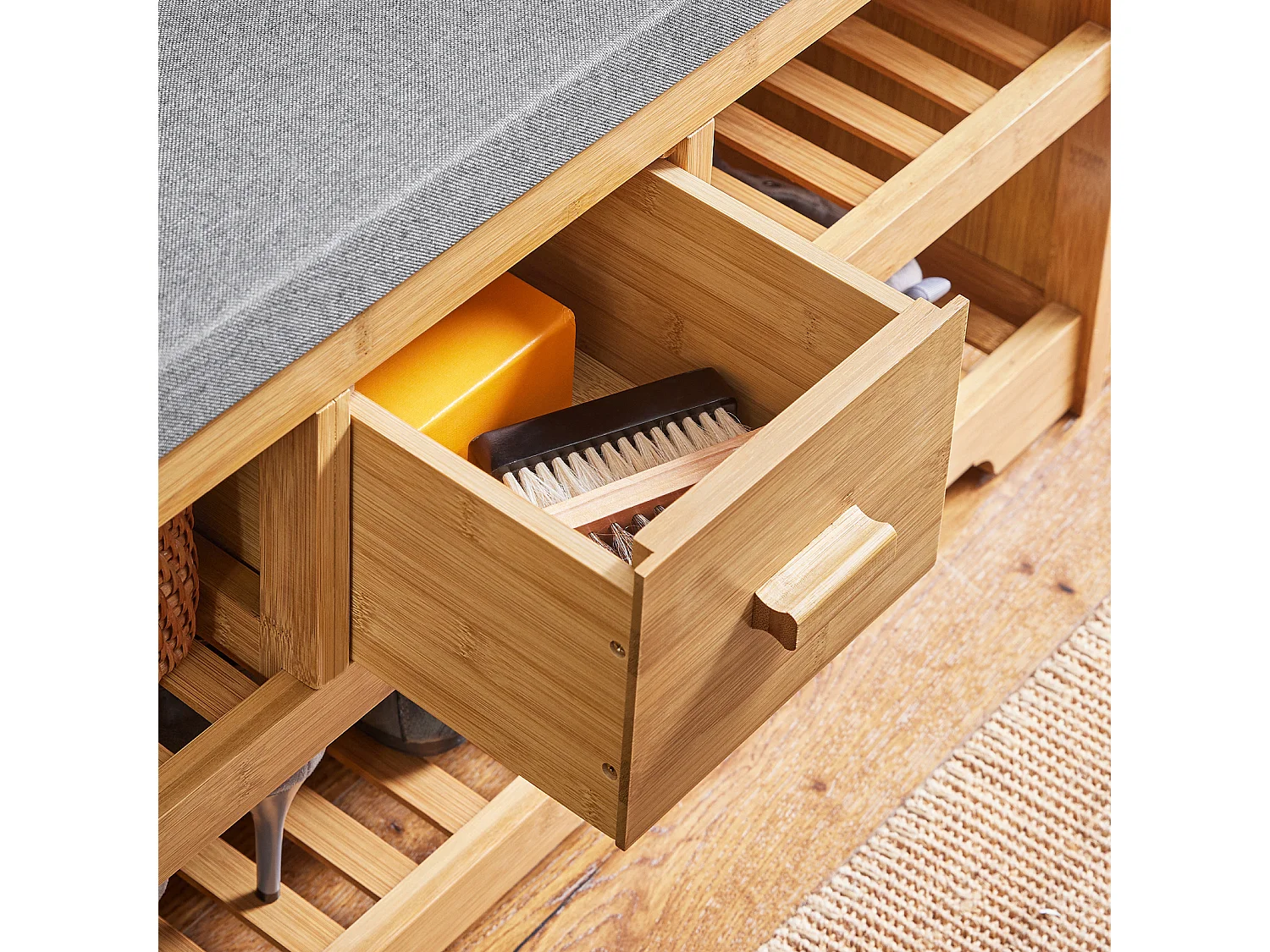 SoBuy Étagère à Chaussures avec Banc et Tiroir en Bambou - L91xP34xH45 cm