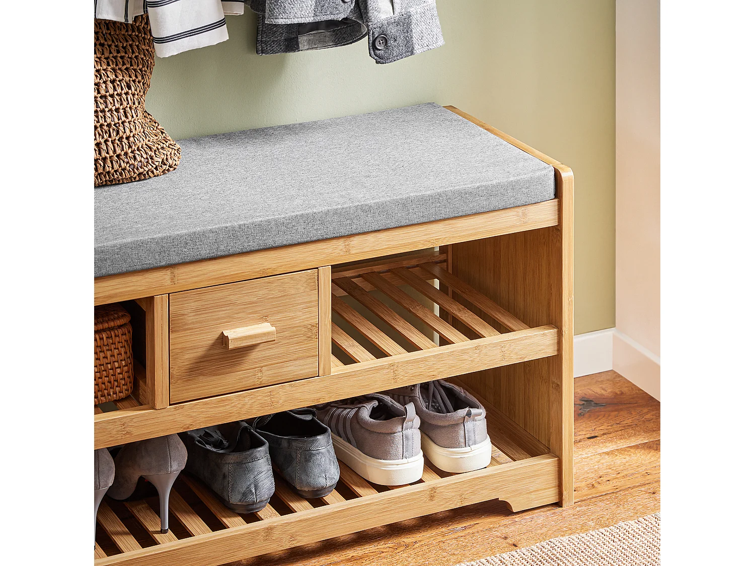 SoBuy Étagère à Chaussures avec Banc et Tiroir en Bambou - L91xP34xH45 cm