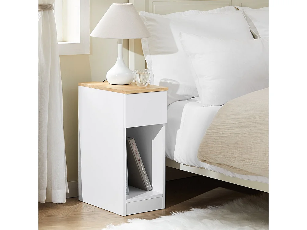 Stolik nocny z szufladą i półką w nowoczesnym białym dębie