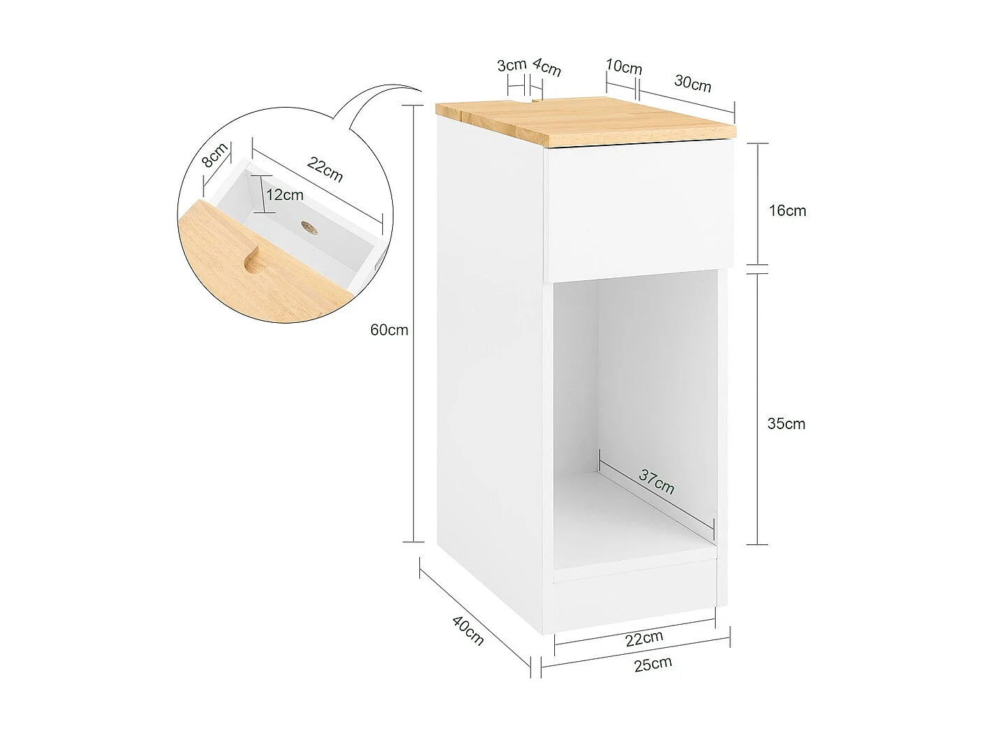 Stolik nocny z szufladą i półką w nowoczesnym białym dębie