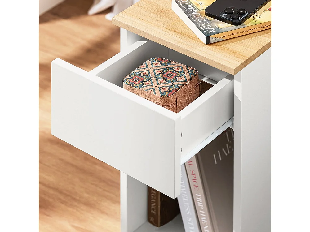 Stolik nocny z szufladą i półką w nowoczesnym białym dębie