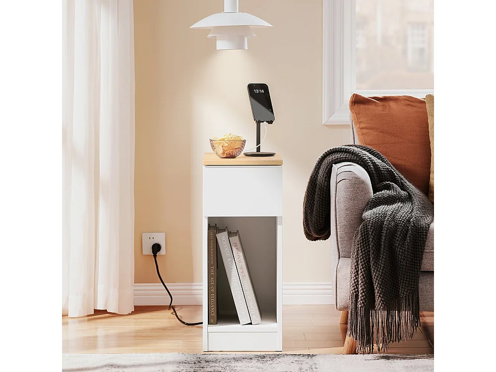 Stolik nocny z szufladą i półką w nowoczesnym białym dębie