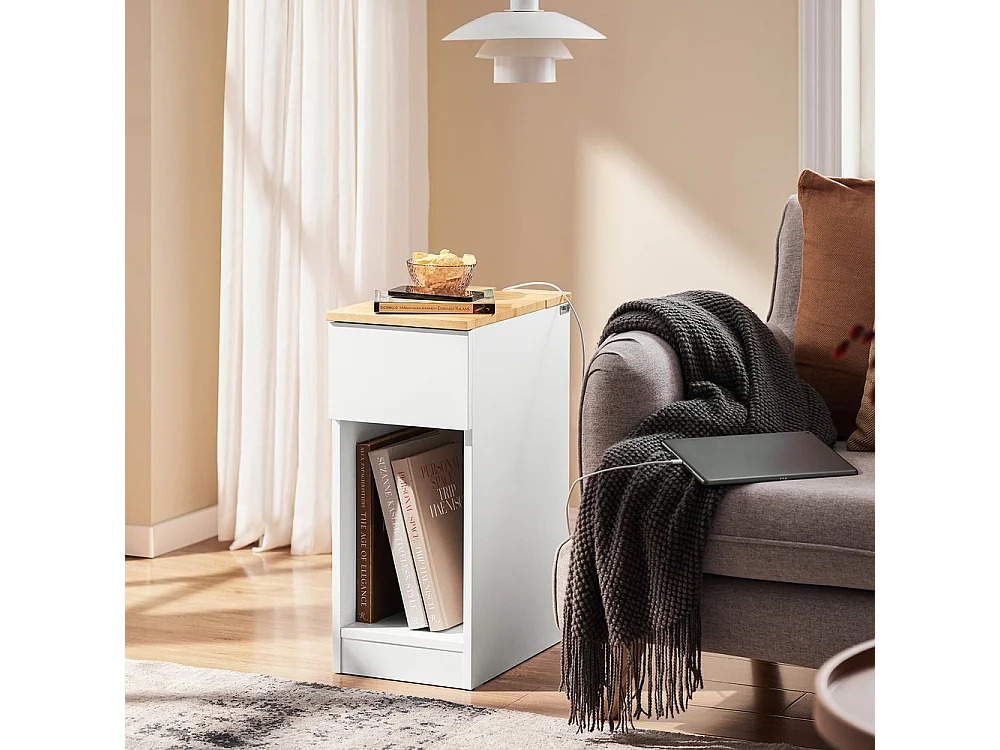 Stolik nocny z szufladą i półką w nowoczesnym białym dębie