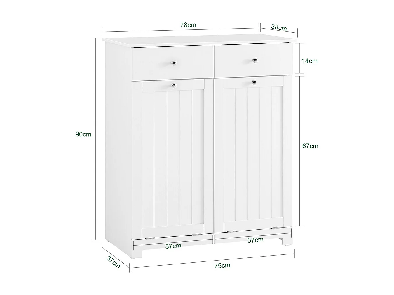 SoBuy Badkamerkast met wasmand en 2 lades Wit 38x78x89.99cm Functioneel BZR33-II-W
