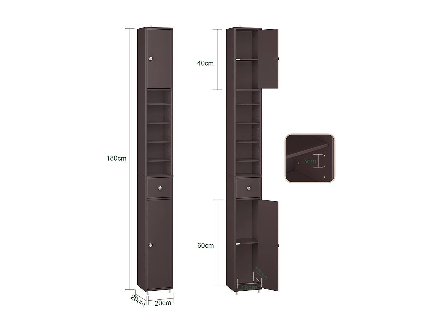 SoBuy Mobile alto bagno con 1 cassetto Marrone 20x20x180cm Funzionale BZR34-II-BR