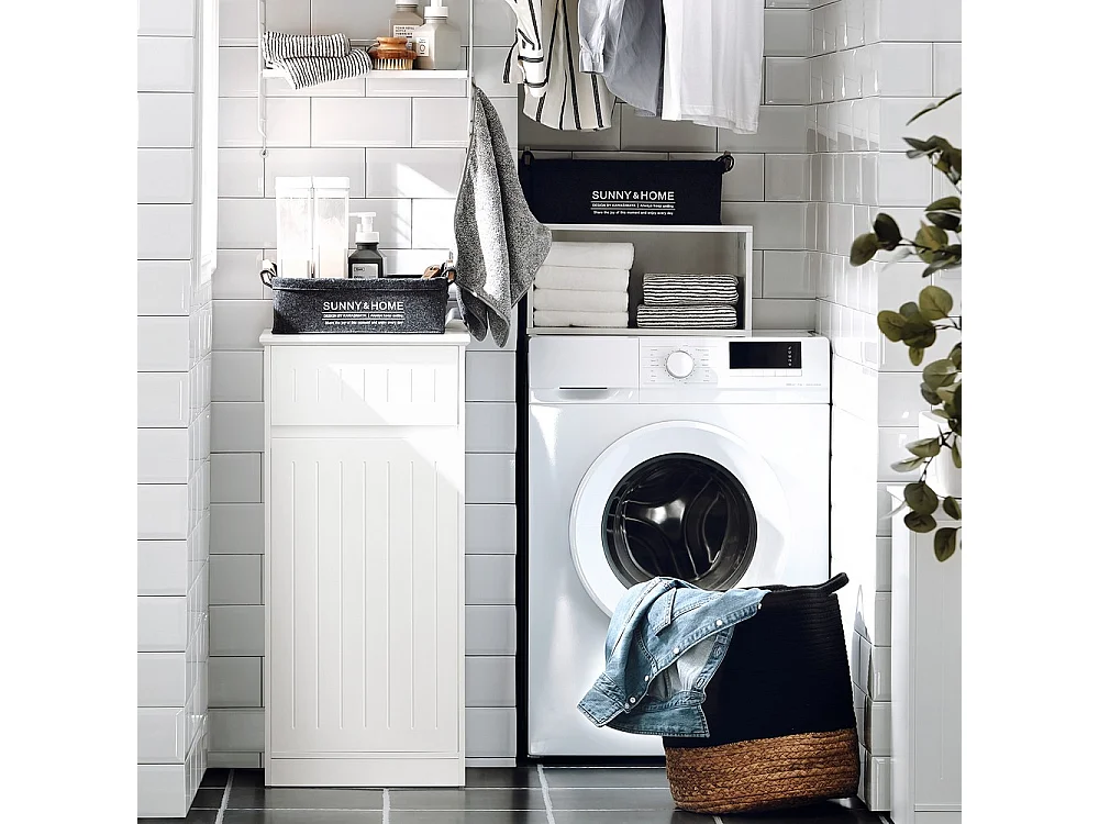 SoBuy Mueble de Baño con Cesta y Cajón - Armario de Madera Blanca
