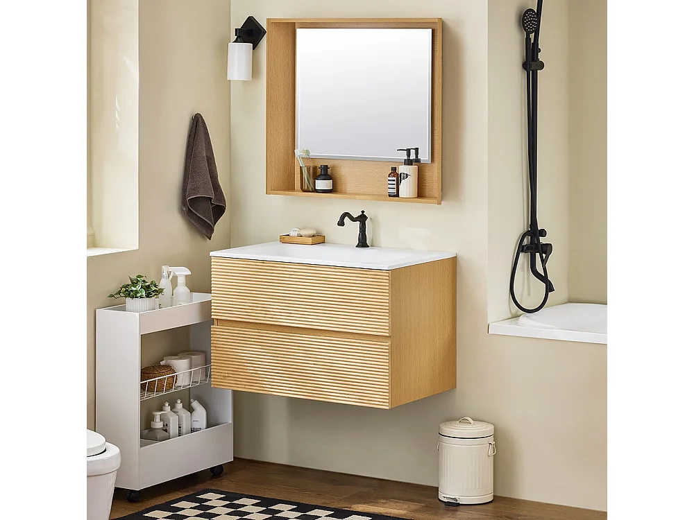 SoBuy Meuble Suspendu Lavabo avec Miroir Sous Vasque Lave-Mains, Couleur Bois