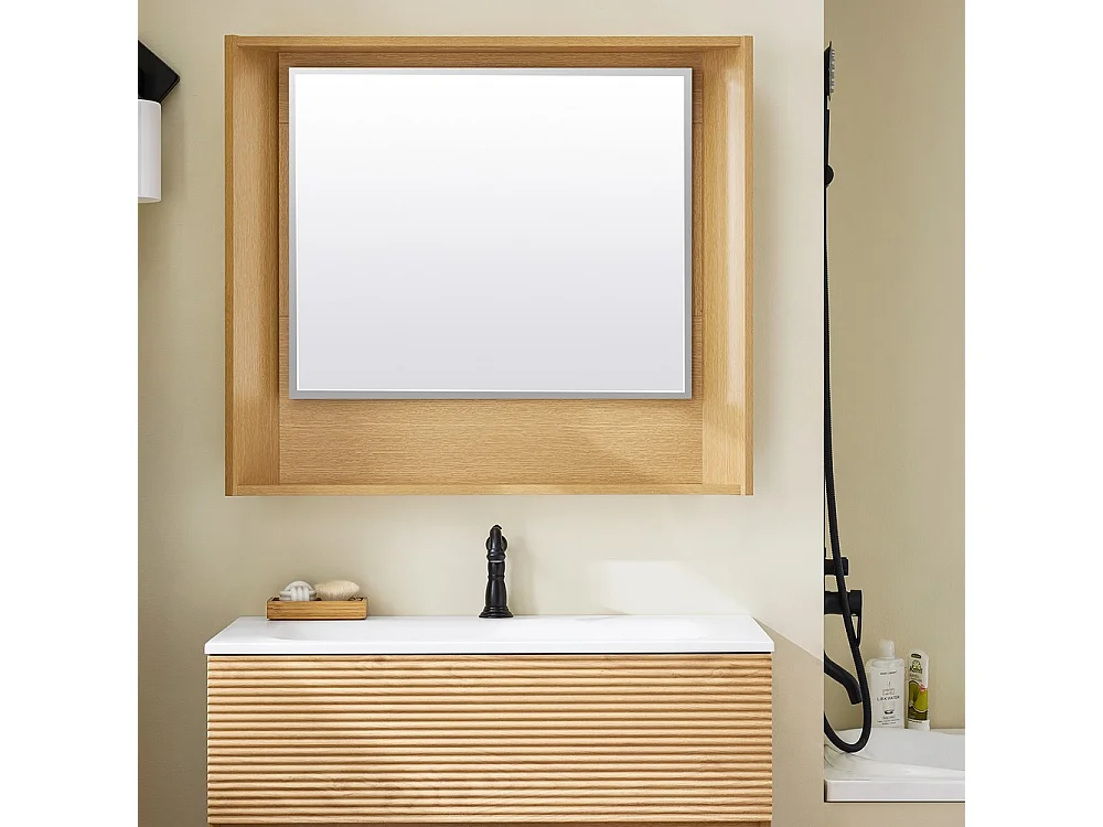 SoBuy Meuble Suspendu Lavabo avec Miroir Sous Vasque Lave-Mains, Couleur Bois