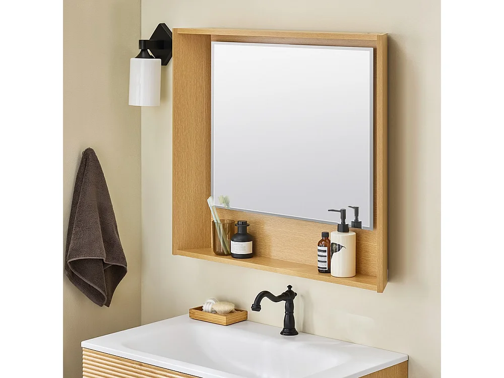 SoBuy Meuble Suspendu Lavabo avec Miroir Sous Vasque Lave-Mains, Couleur Bois